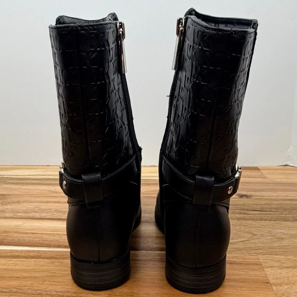 Michael Kors Kids Black MK Logo Tall Boots Side Zip Buckle Detail Size 8